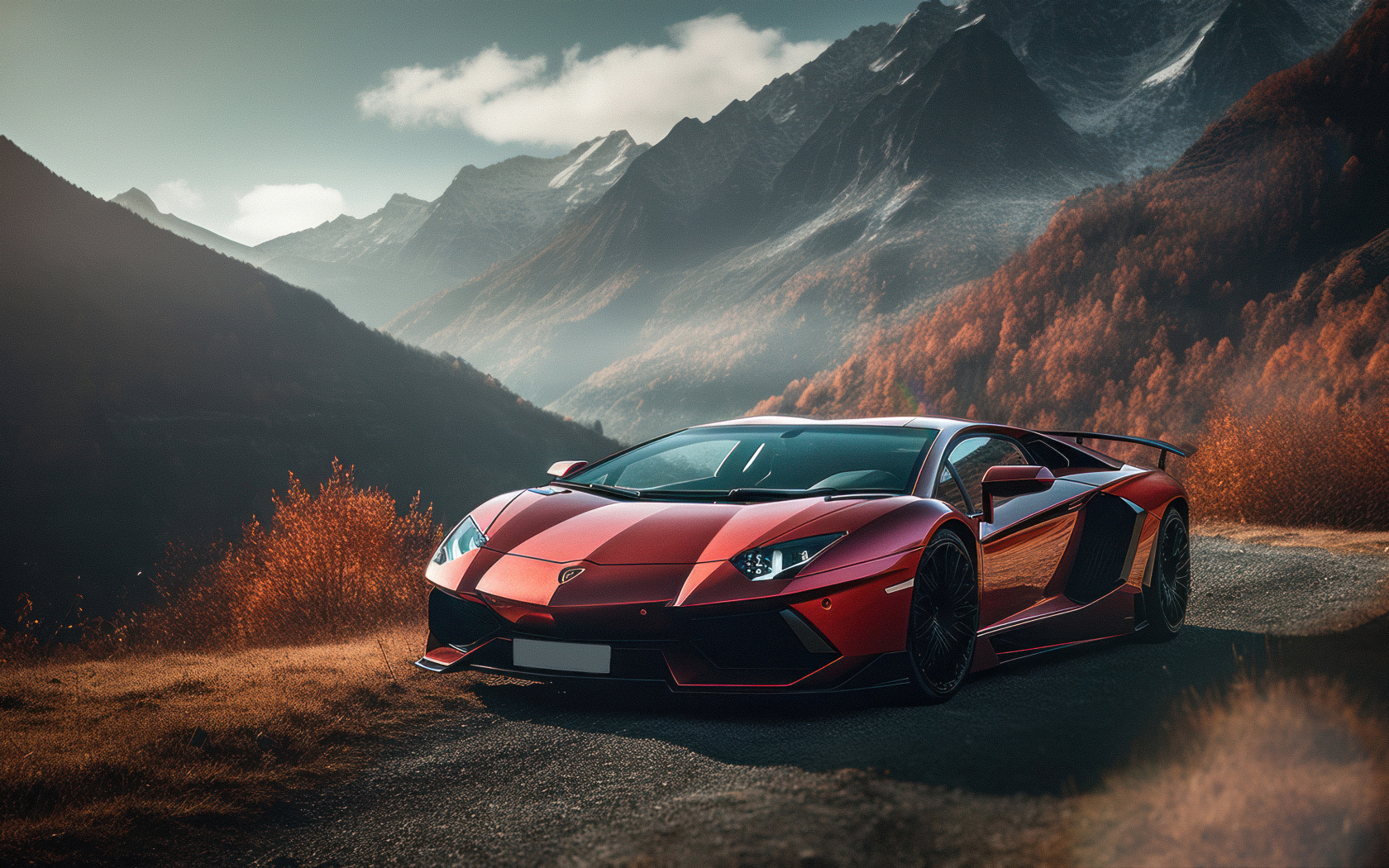 Автомобиль Lamborghini Aventador Autumn Road  в горах