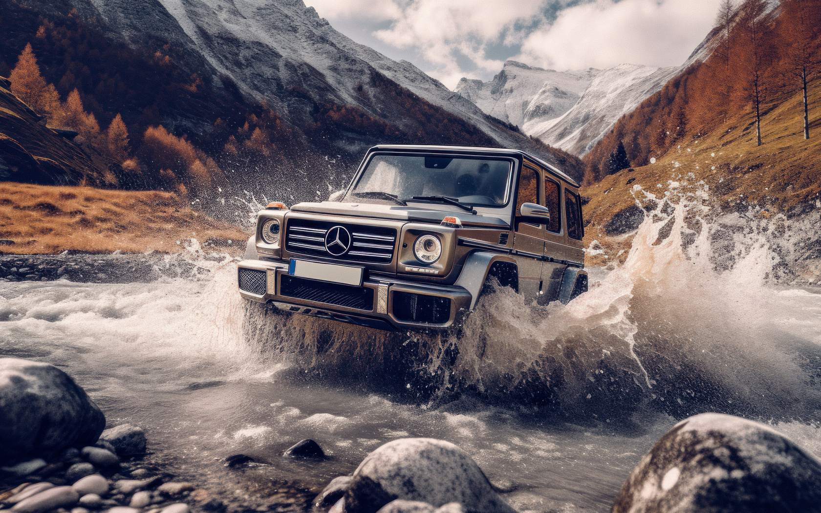 Автомобиль Mercedes-Benz G63 AMG едет по реке