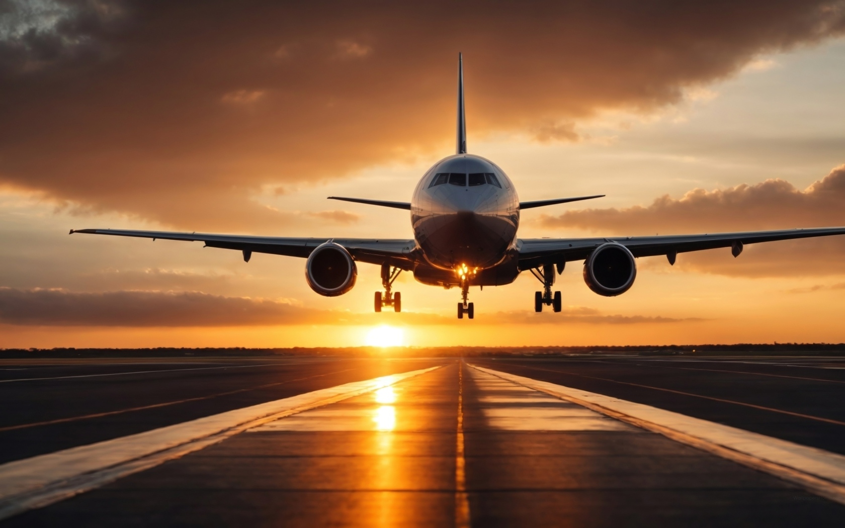 Большой пассажирский самолет взлетает на закате