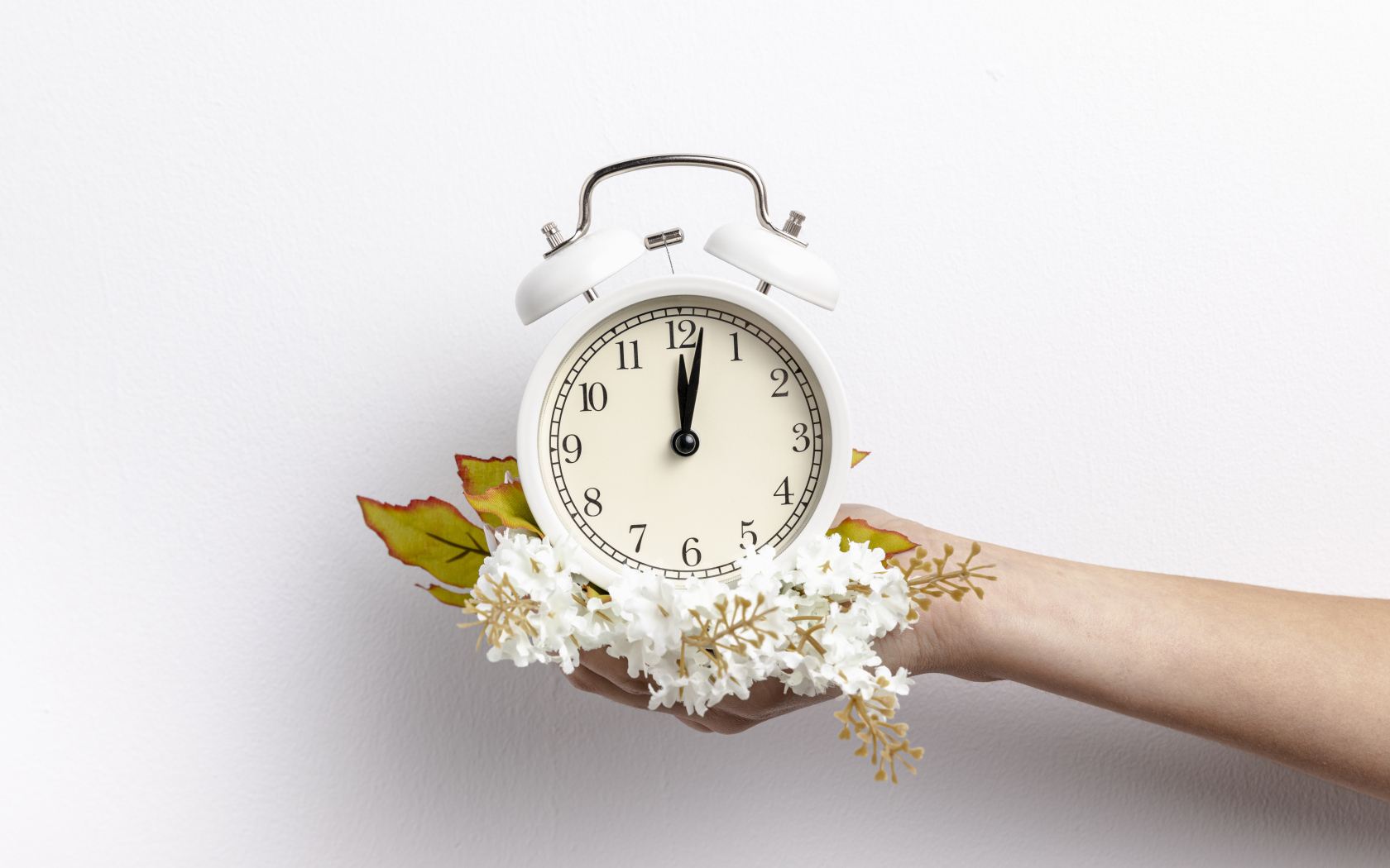 Белый будильник в руке с цветами на сером фоне