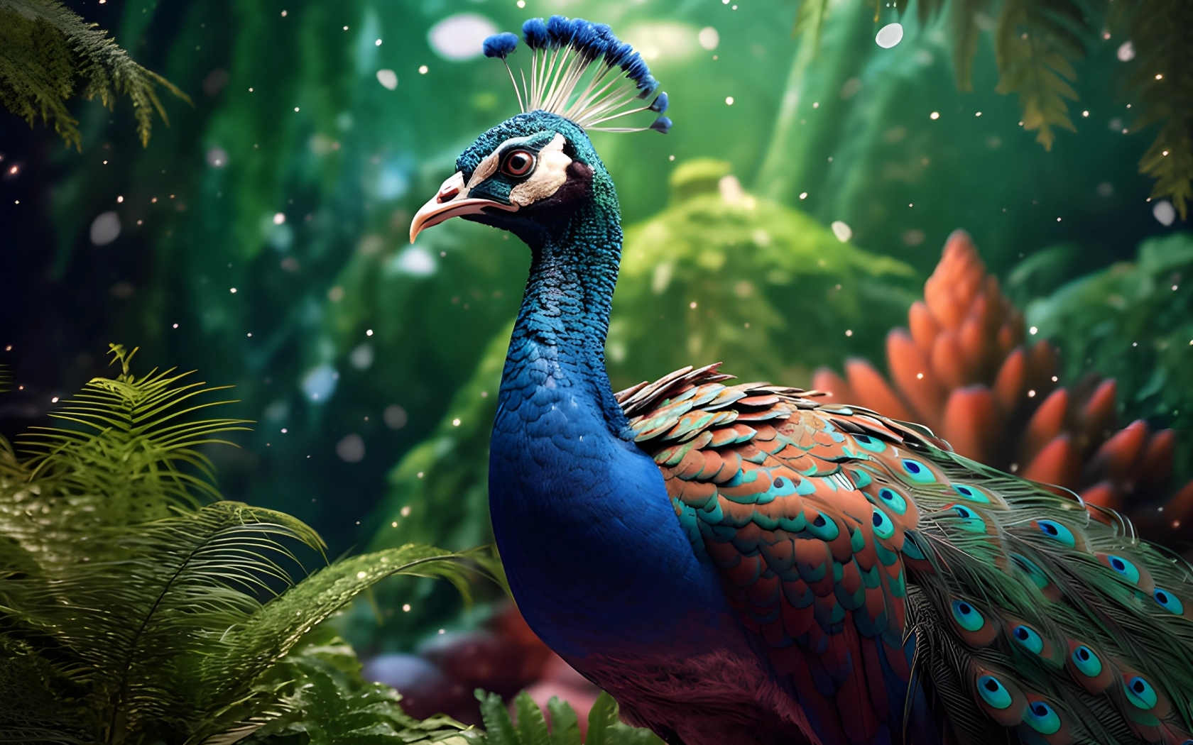 Красивый нарисованный павлин в лесу