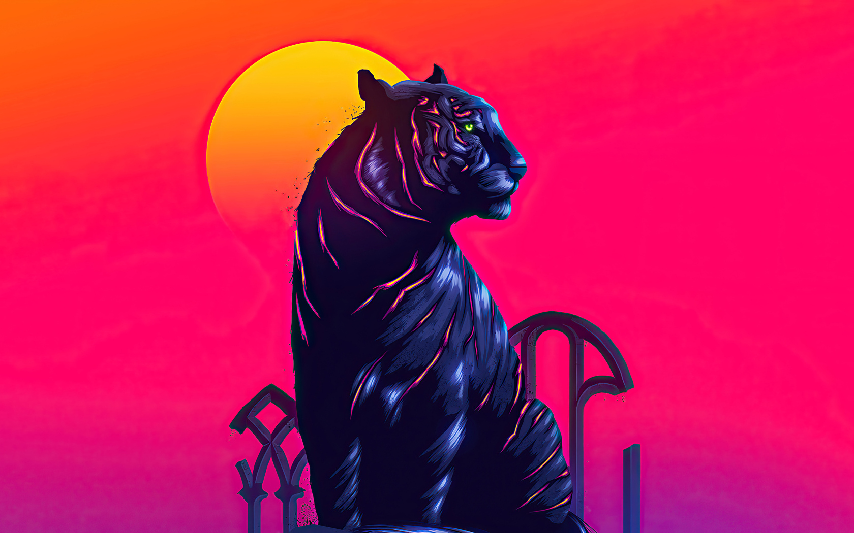 Нарисованный черный тигр на розовом фоне с луной