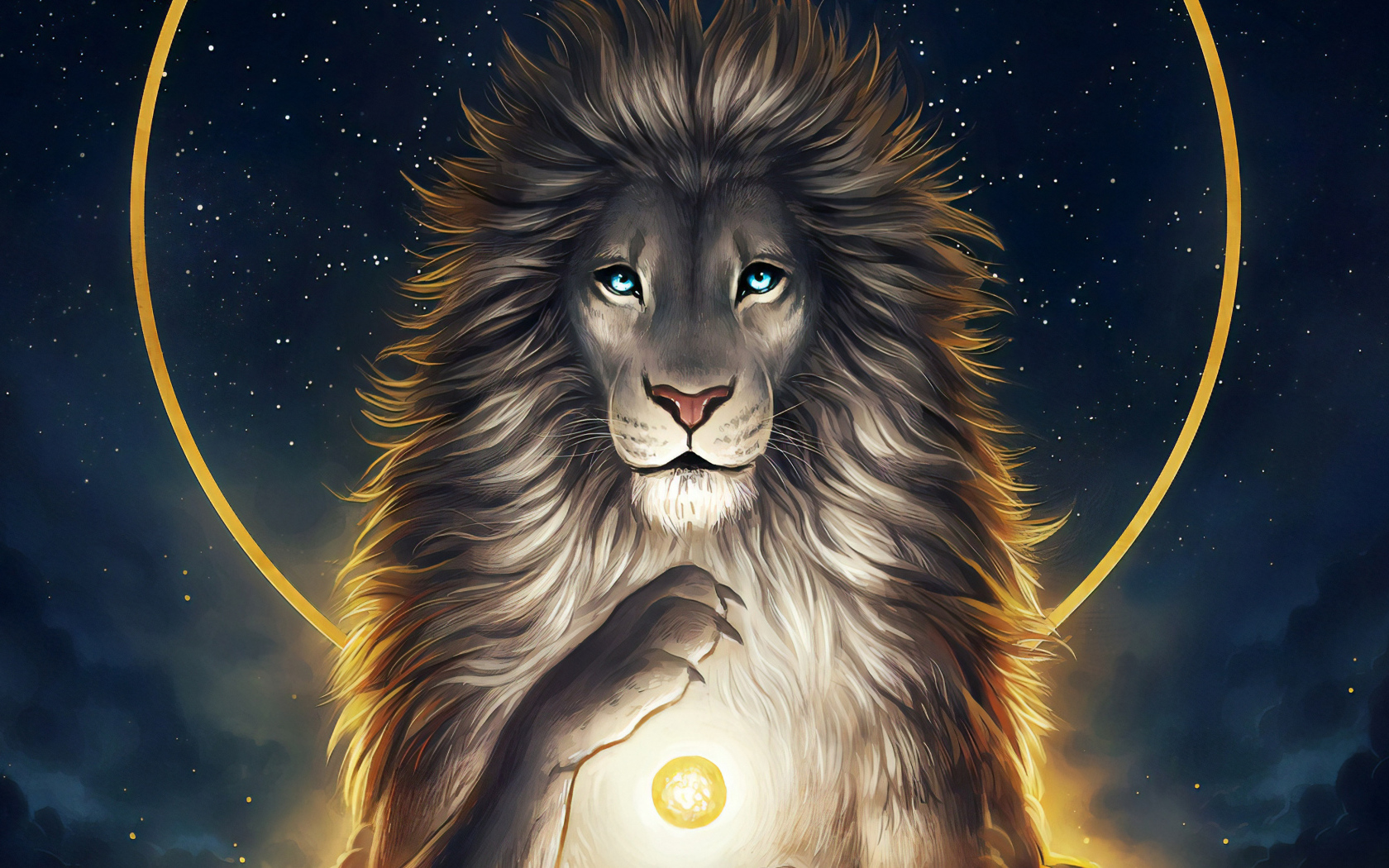 Нарисованный голубоглазый лев на фоне неба