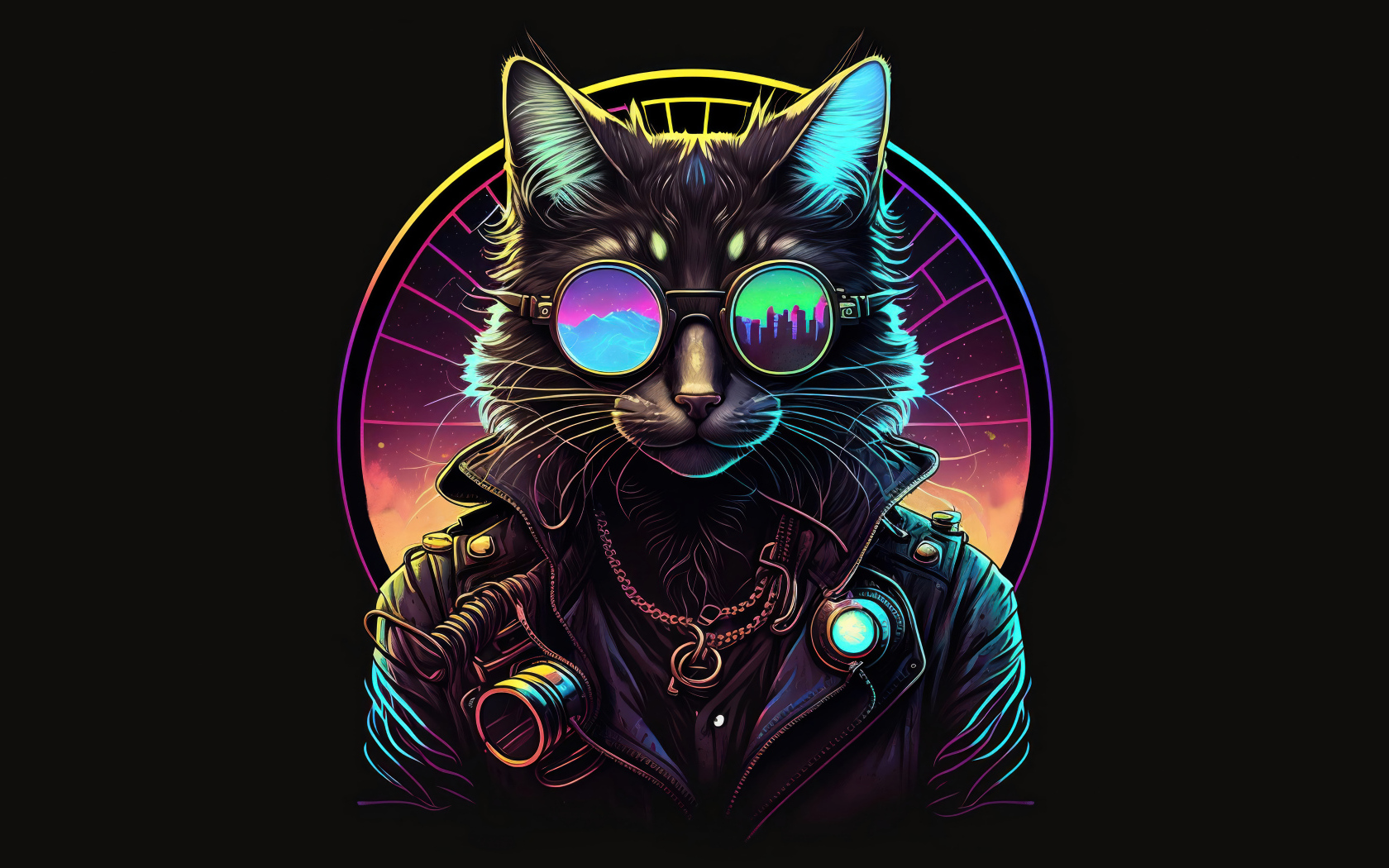 Нарисованный кот в очках и кожаной куртке