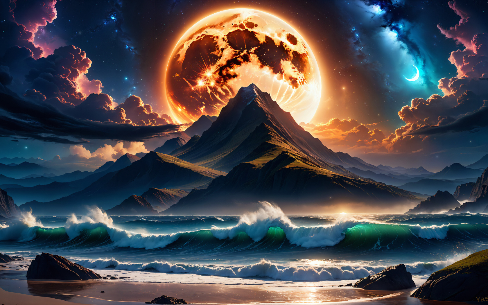 Нарисованная огненная луна над горой у моря