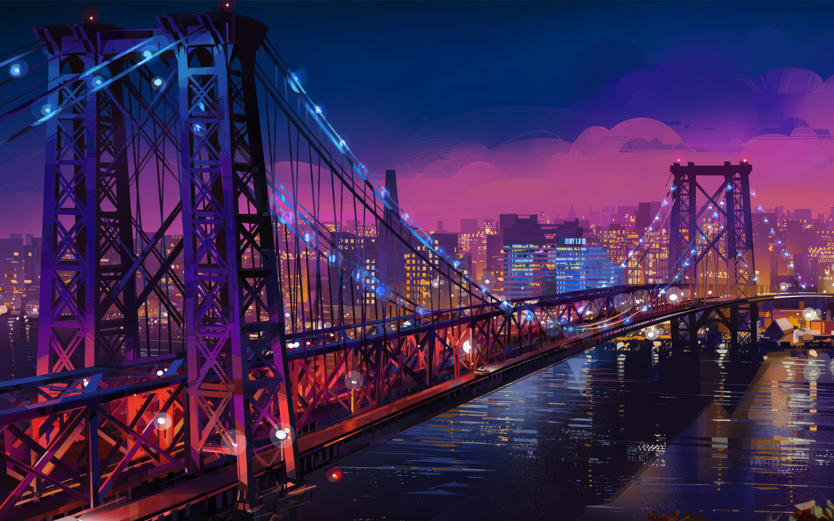 Нарисованный железный мост через реку ночью