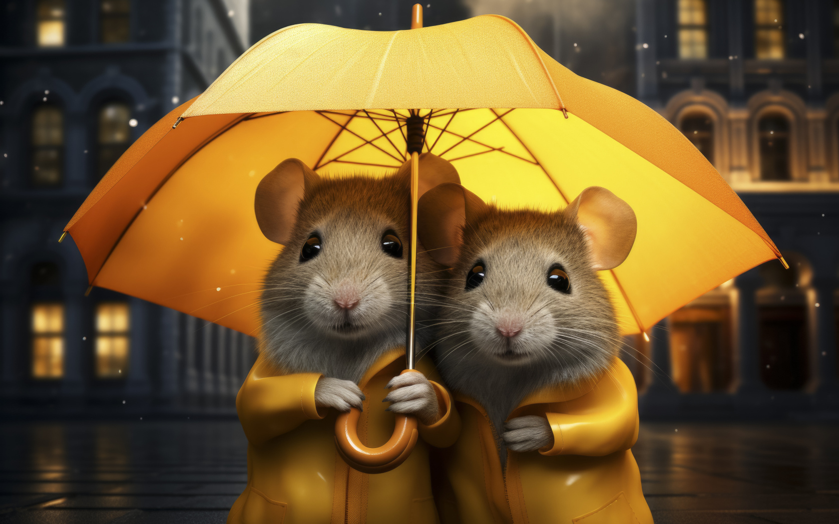 Две серые крысы под желтым зонтом