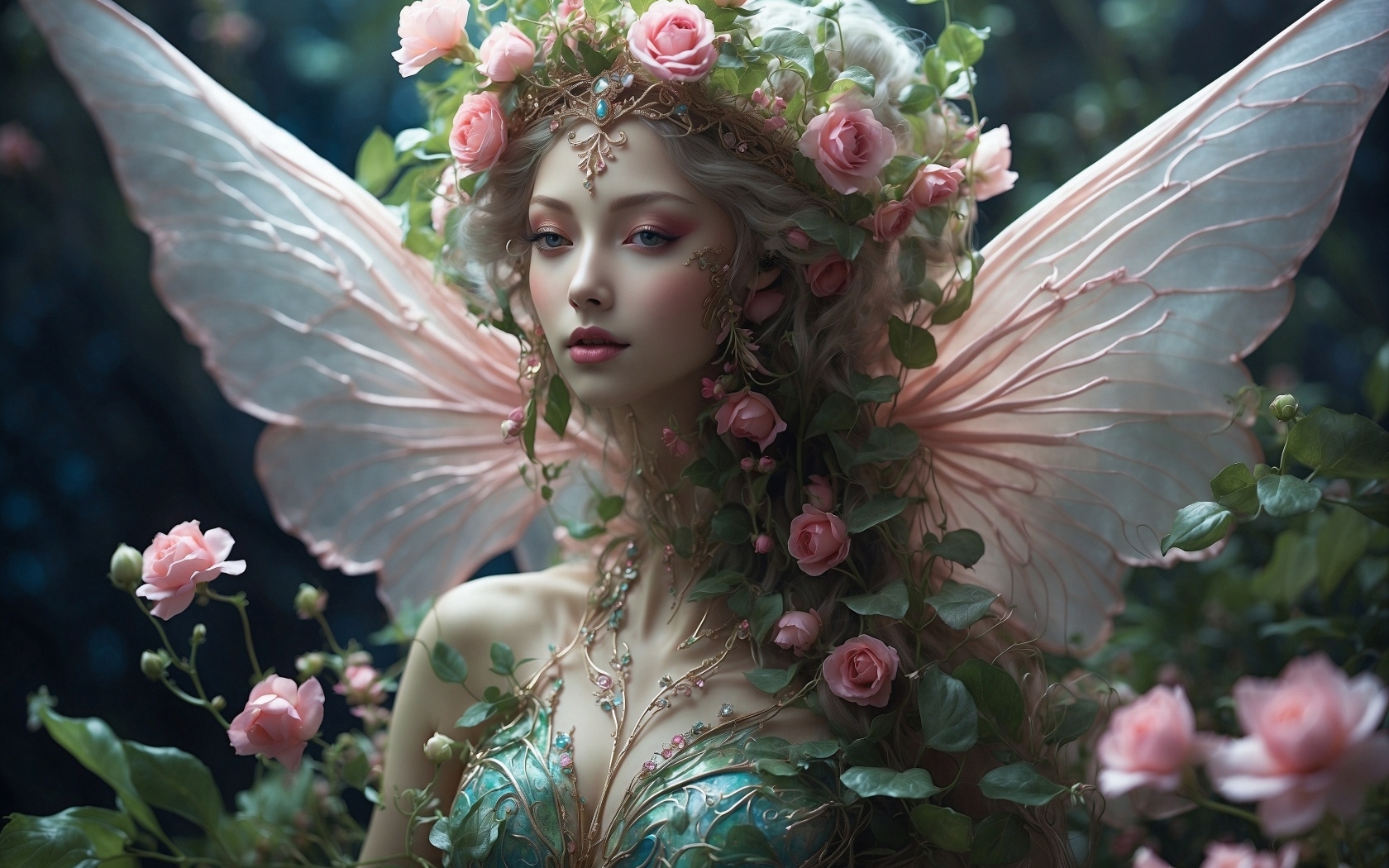 Красивая девушка фея с цветами на голове