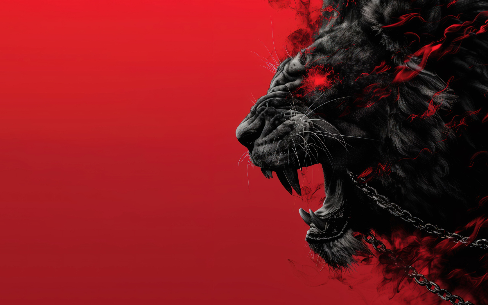 Черный демонический лев с цепями на красном фоне