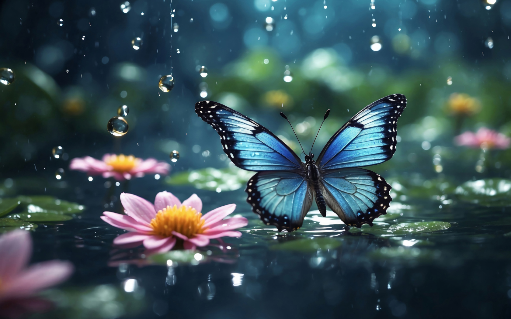 Голубая бабочка под дождем у розовых цветов