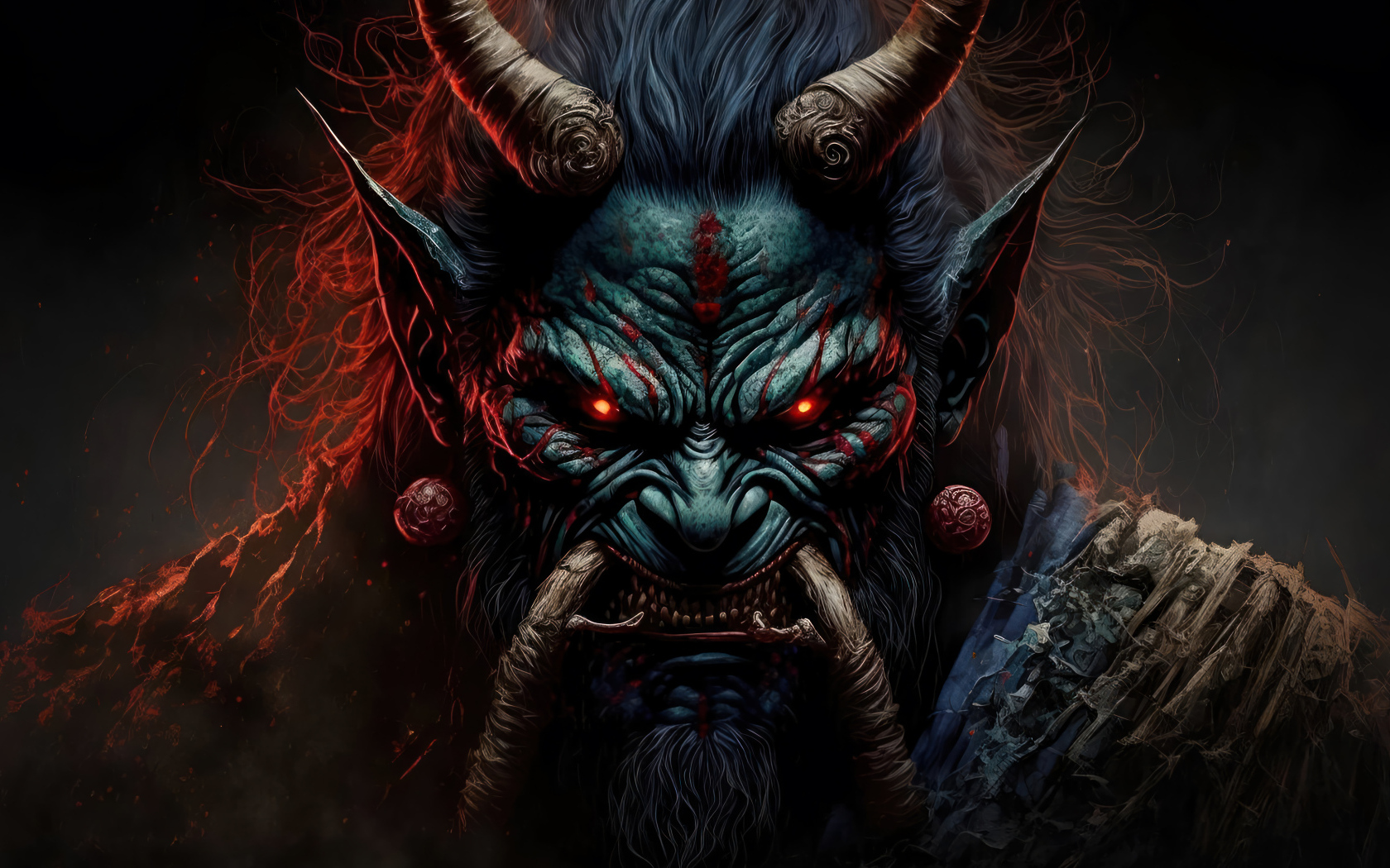 Демон с красными глазами крупным планом