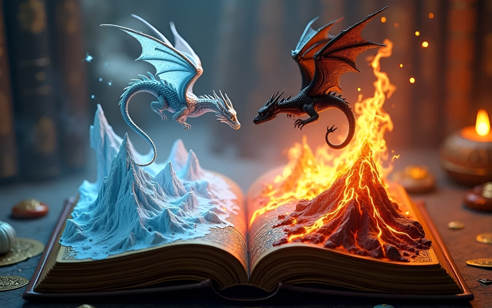 Огненный и снежный драконы парят над книгой
