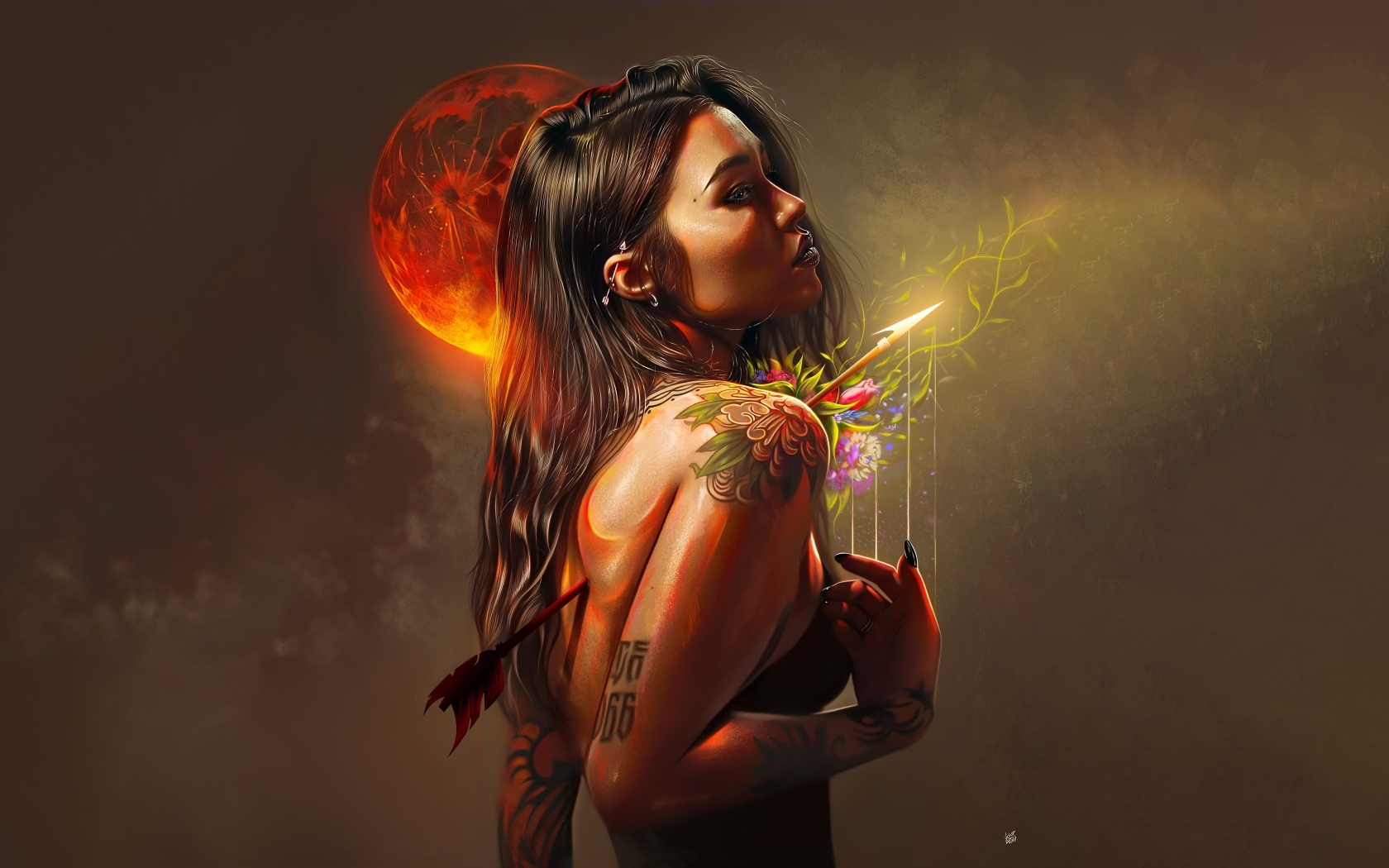 Девушка с тату, пронзена волшебной стрелой, стоит на фоне красной луны