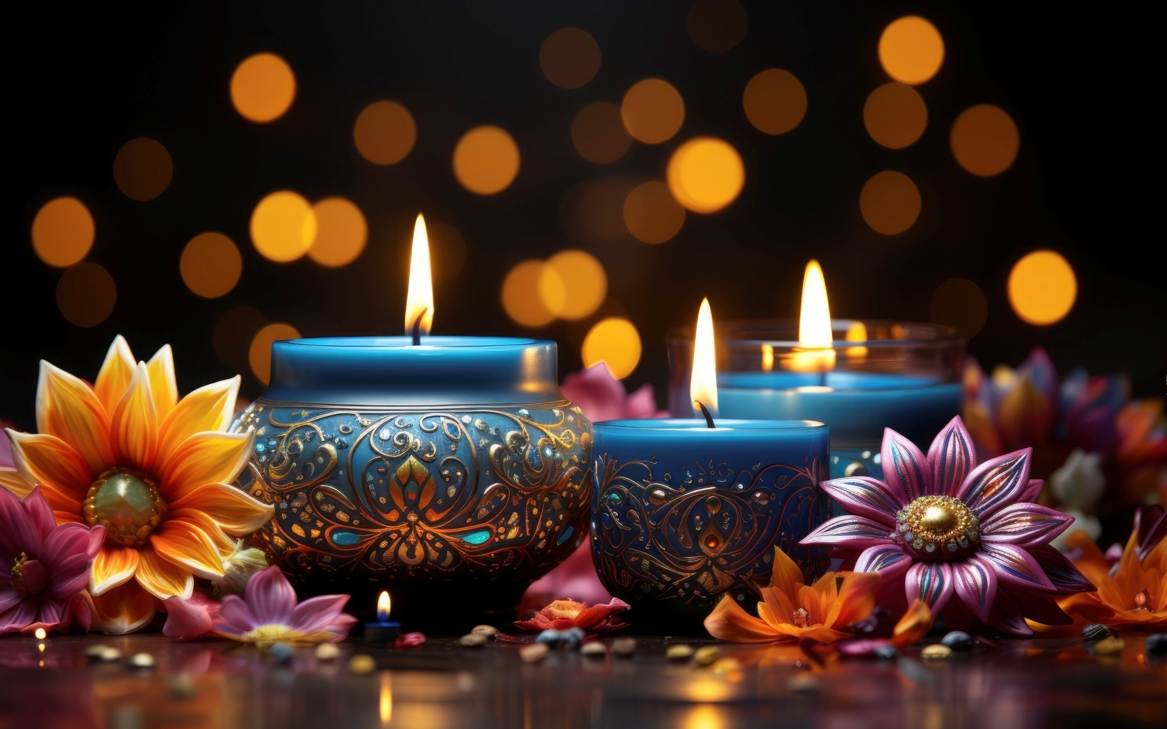 Зажженные красивые свечи с цветами на столе