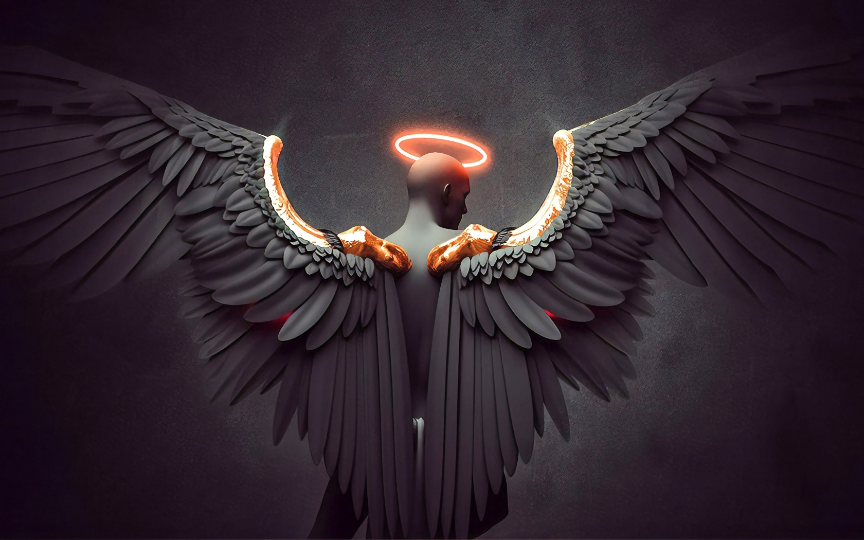 Мужчина с большими крыльями ангела на сером фоне