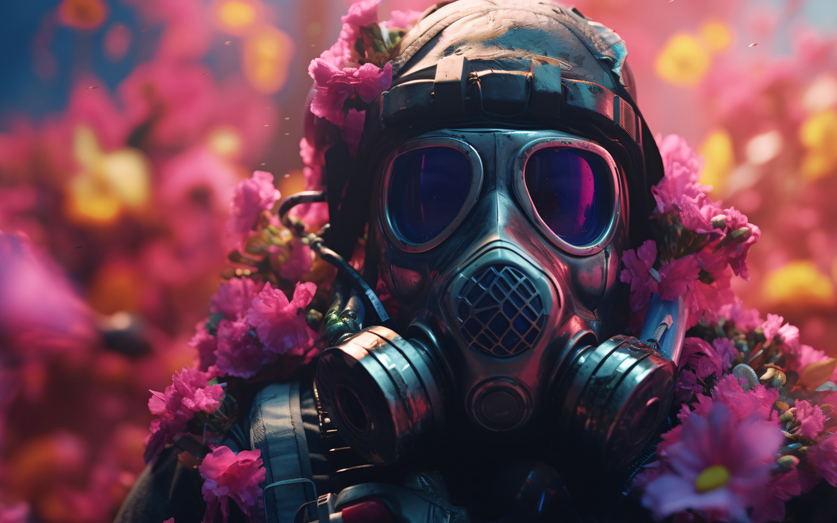 Солдат в противогазе в цветах