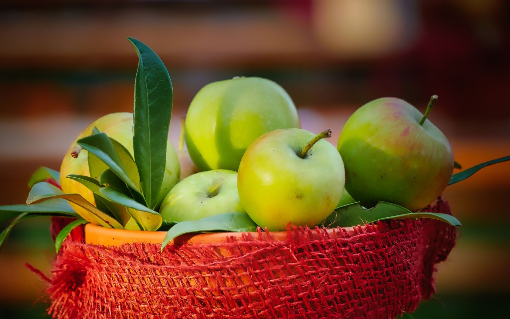 Зеленые яблоки в ведре крупным планом