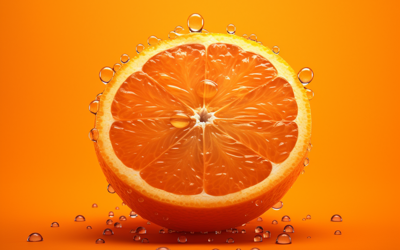 Половинка апельсина в каплях воды на оранжевом фоне