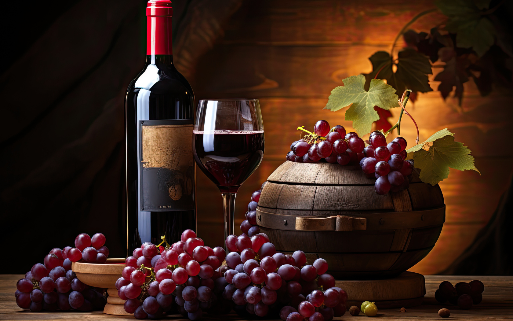 Розовый виноград на столе с вином