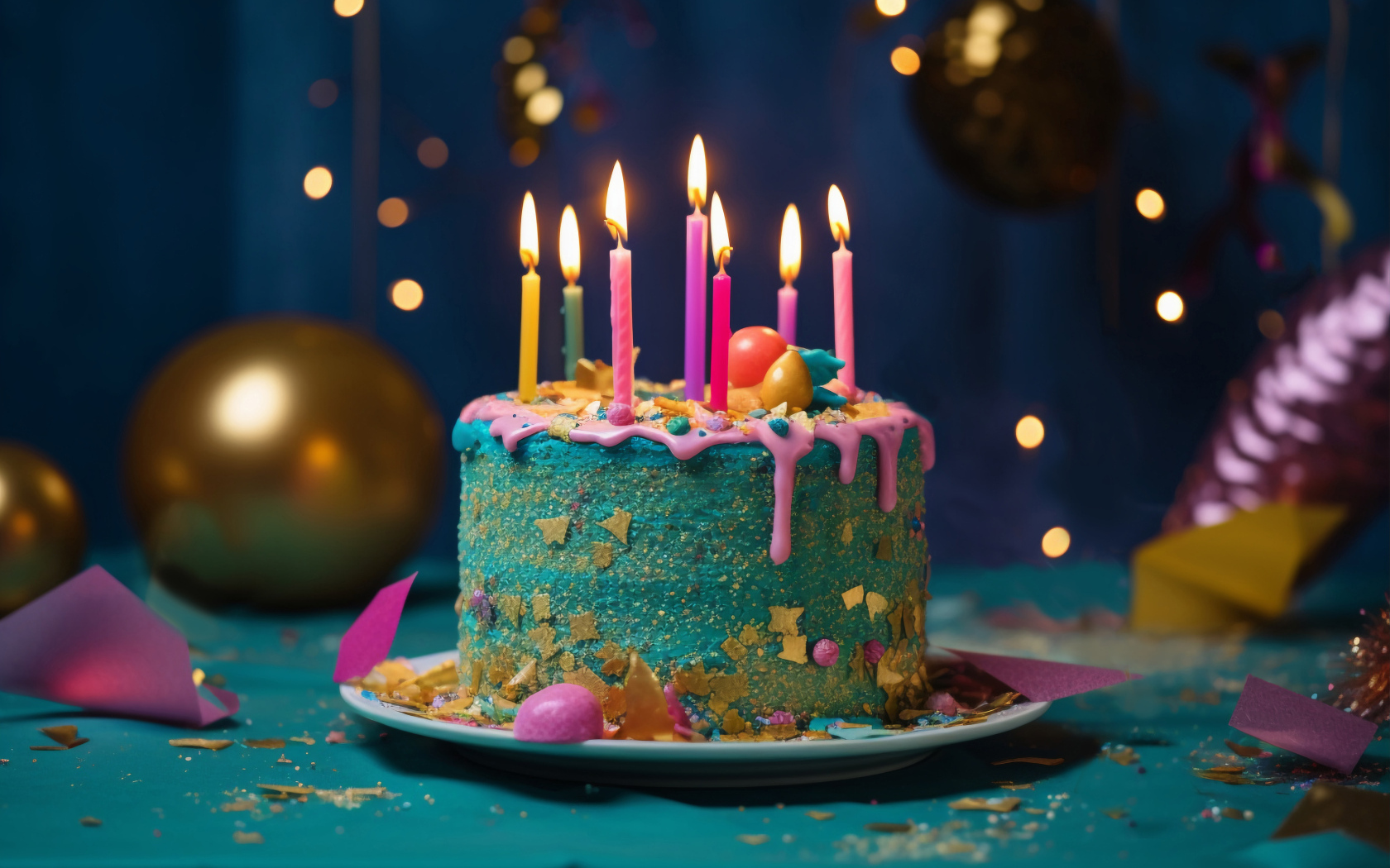 Голубой праздничный торт с зажженными свечками