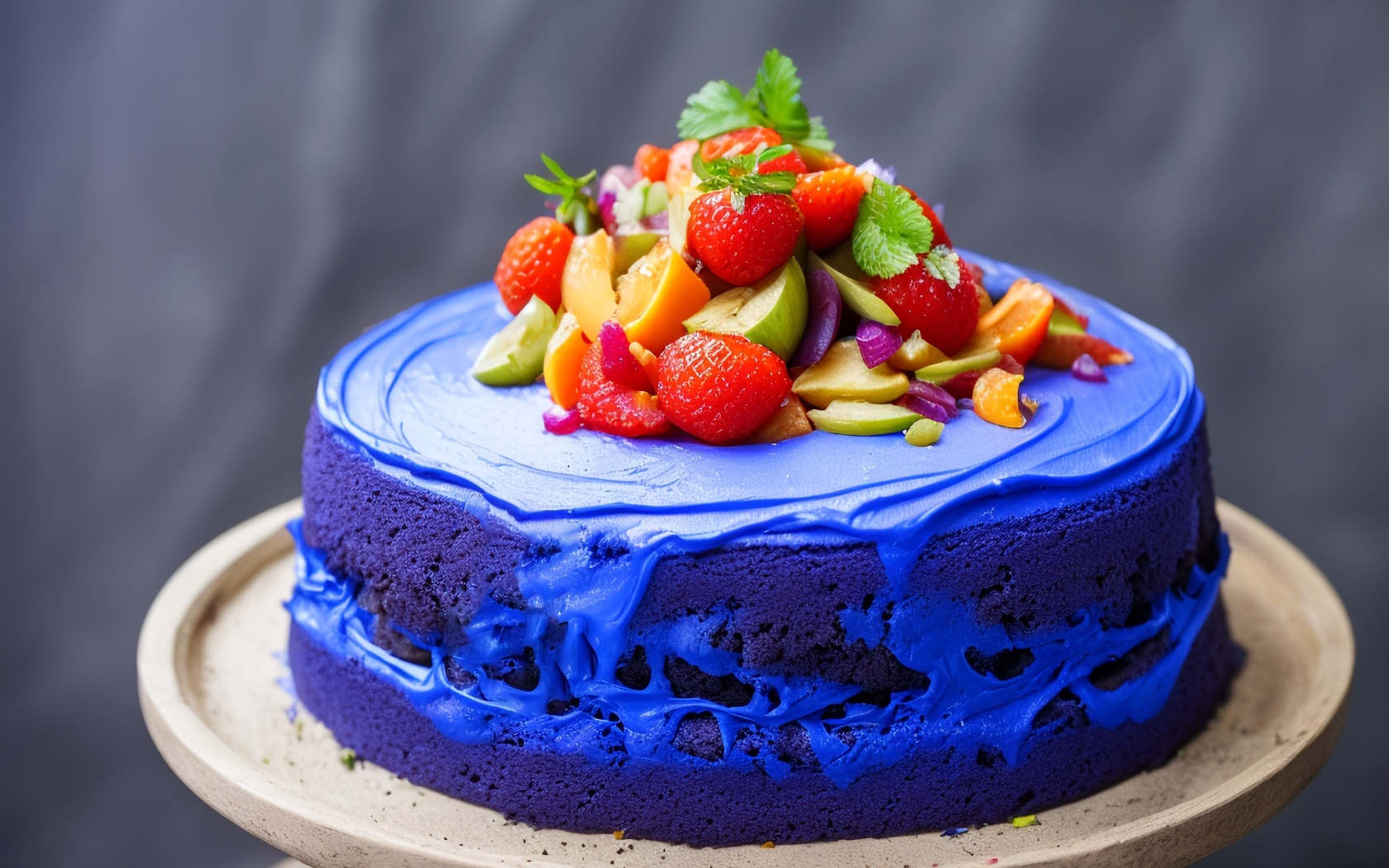 Голубой торт с ягодами на сером фоне