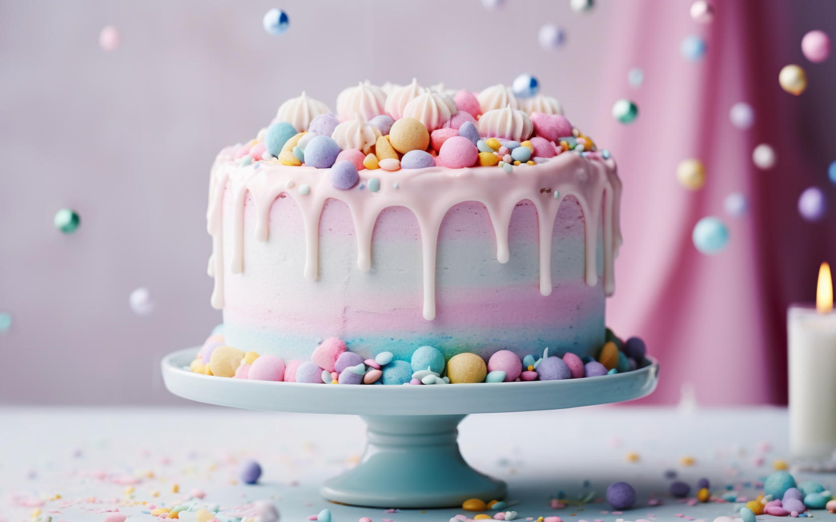 Разноцветный торт украшен конфетами