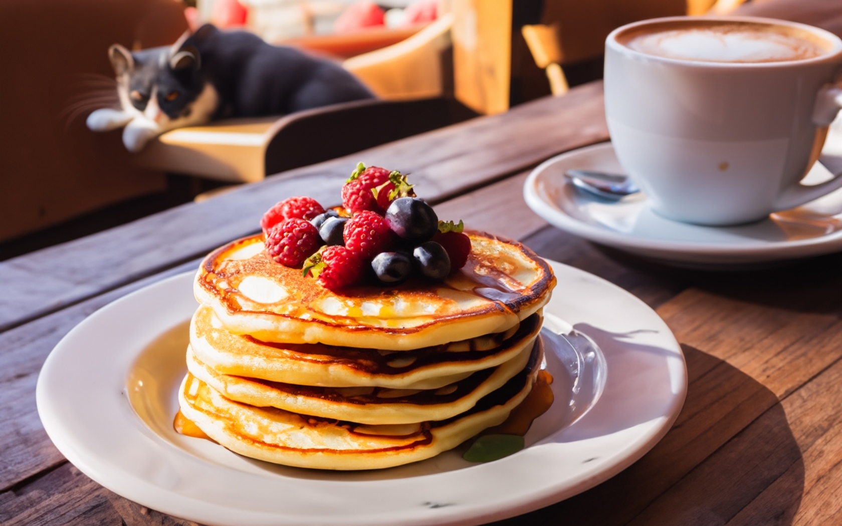 Оладьи с ягодами на столе с кружкой кофе