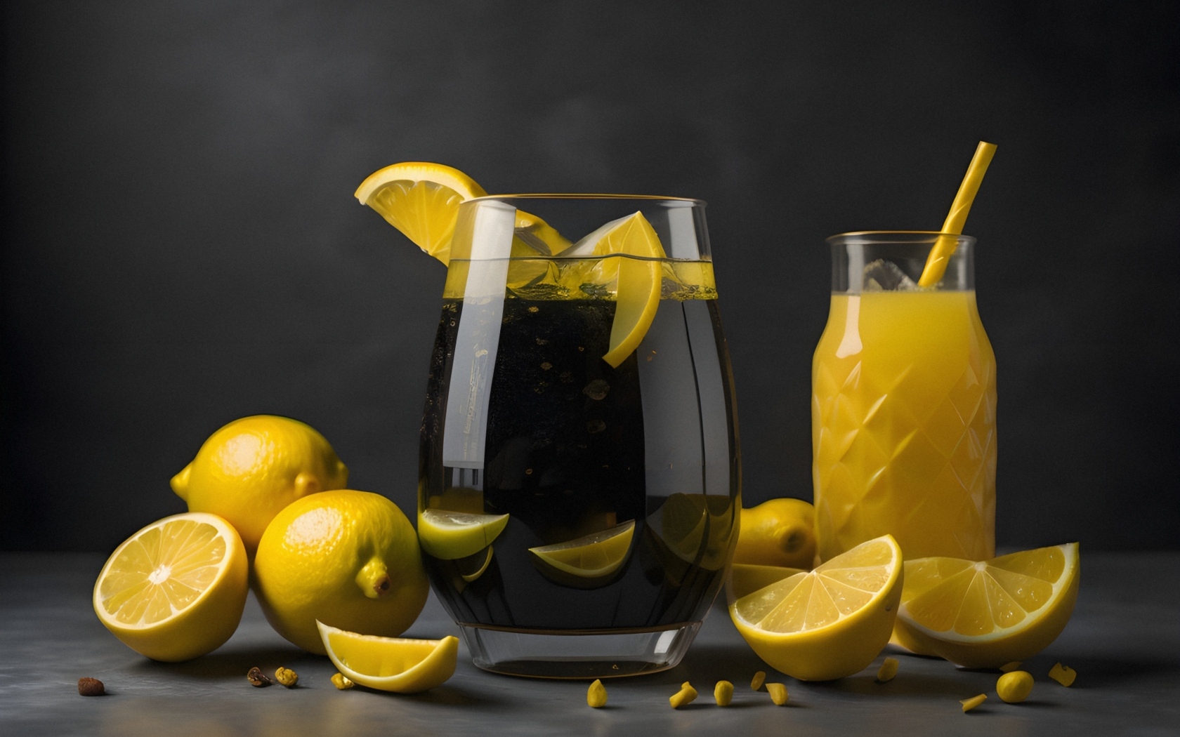 Лимонад на столе с лимонами и соком