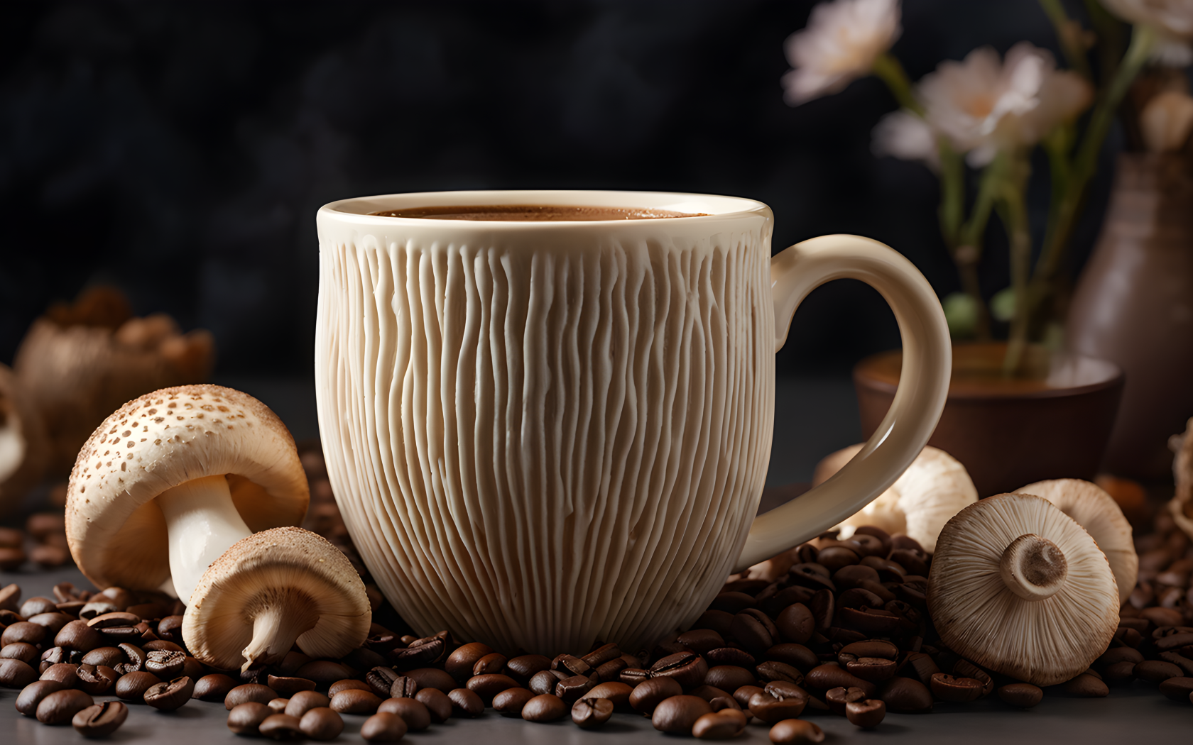 Необычная кружка на столе с грибами и кофейными зернами