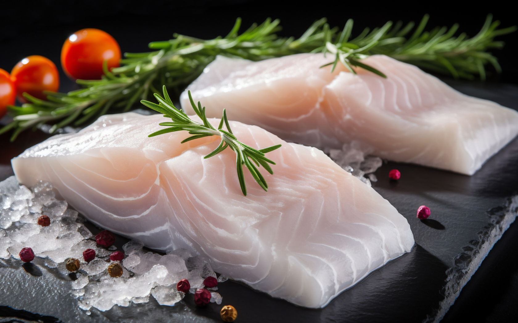 Два куска свежей рыбы на столе с базиликом и помидорами