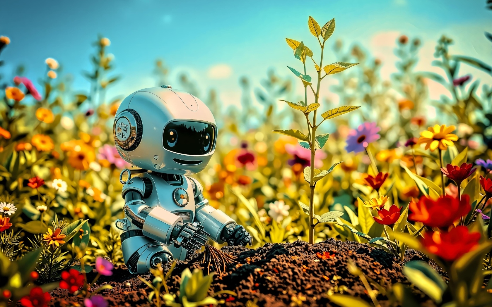 Игрушечный робот сидит на земле с растениями