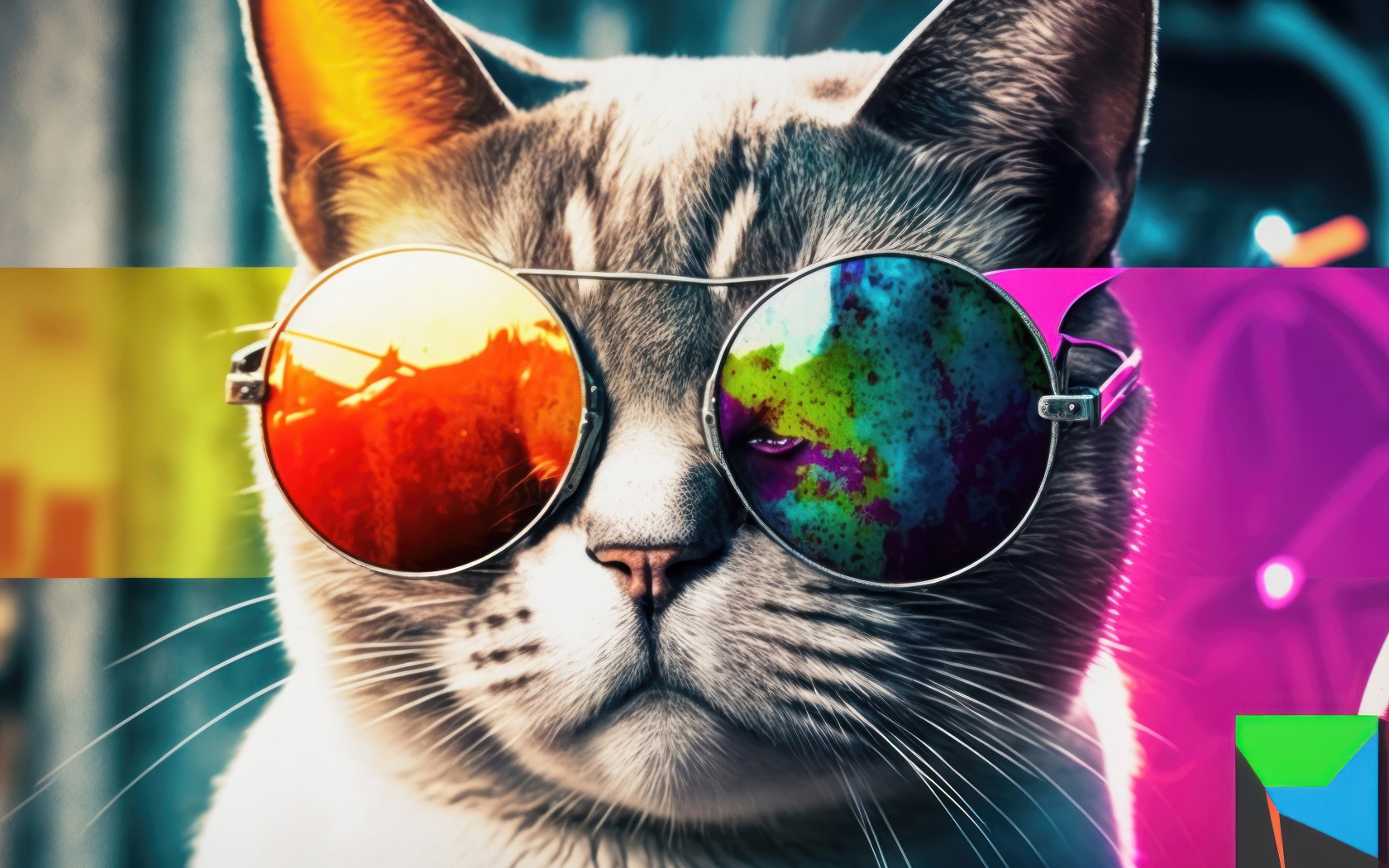 Серый кот в очках крупным планом