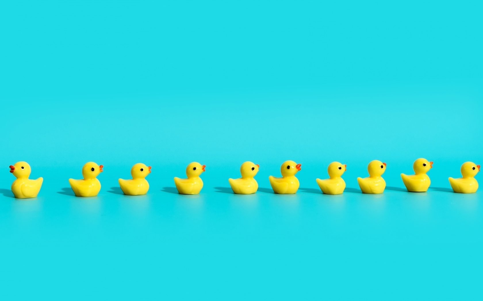 Маленькие игрушечные утята на голубом фоне