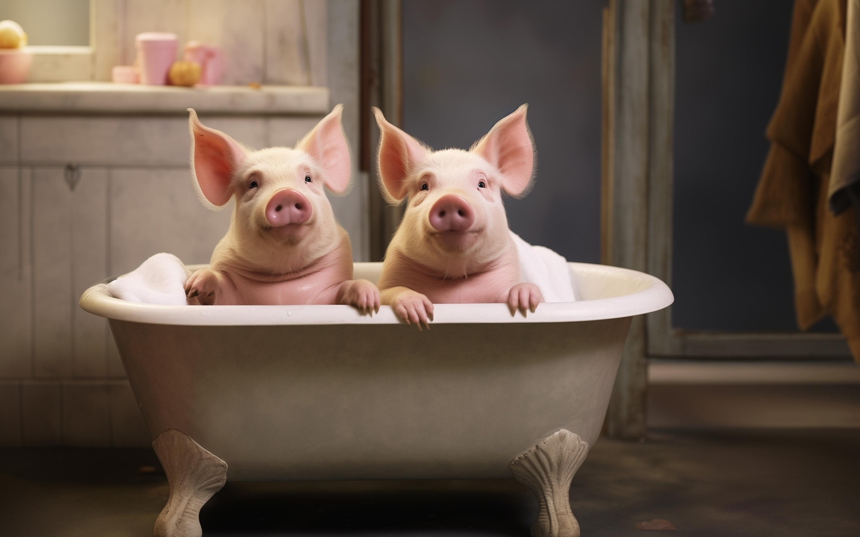 Два розовых поросенка в ванной