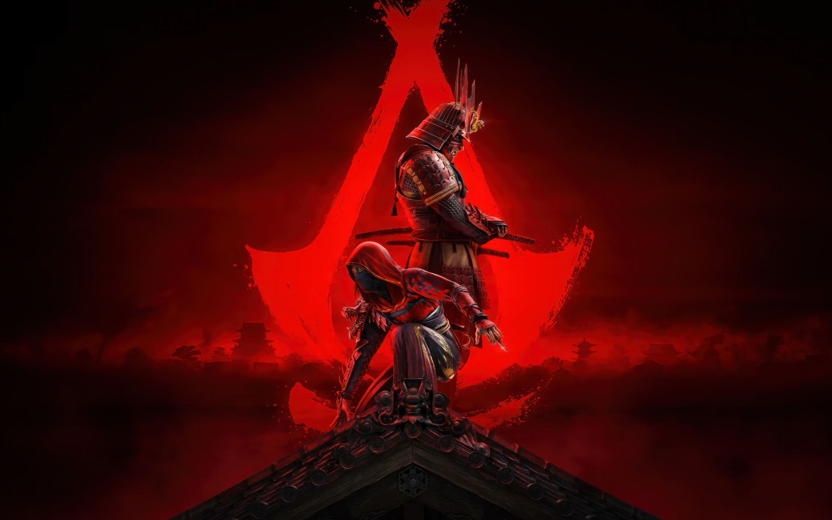 Яркий красный постер компьютерной игры Assassin’s Creed Shadows, 2024