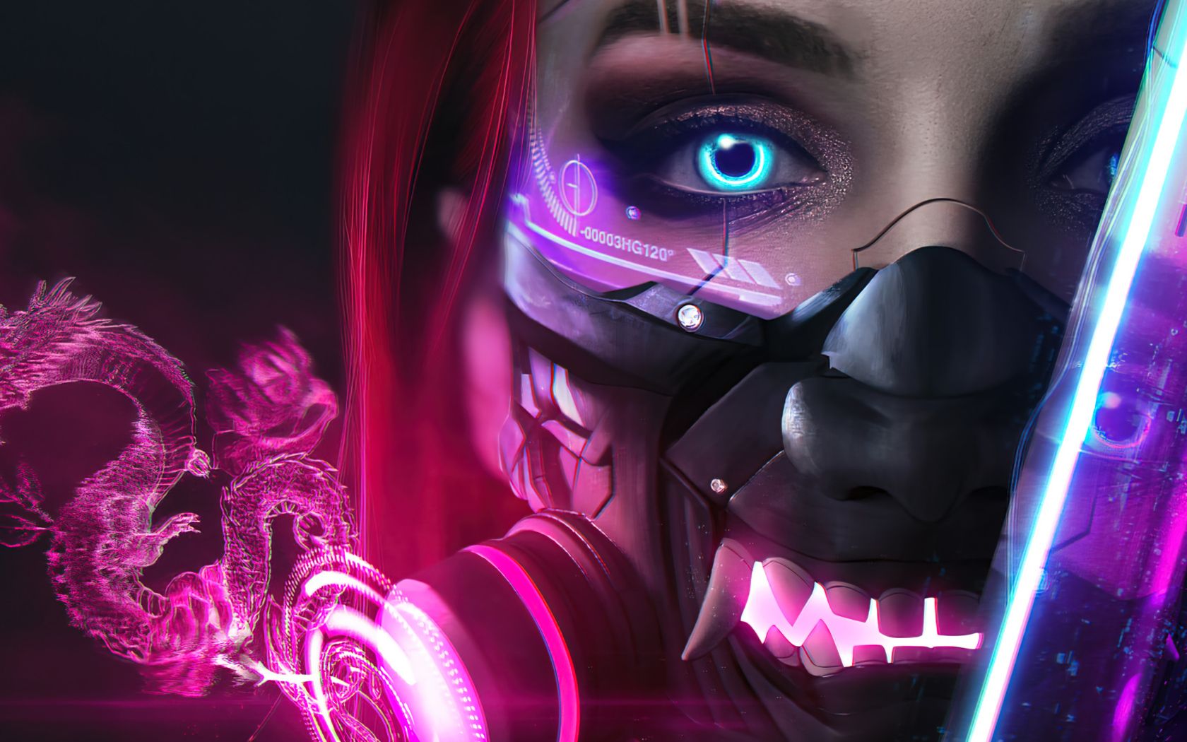 Девушка cyberpunk с голубыми глазами и маской на лице