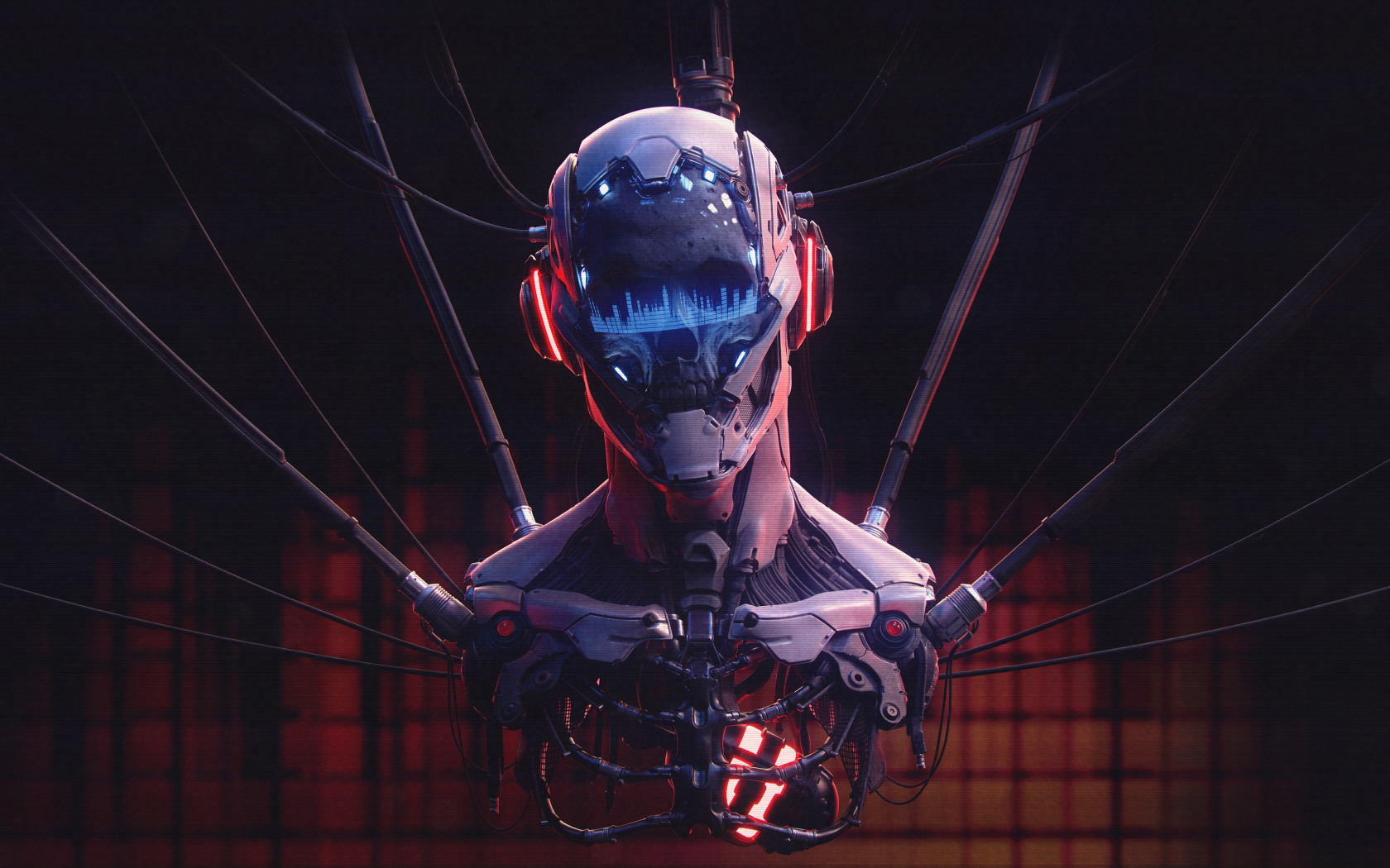 Скелет киборг на проводах 