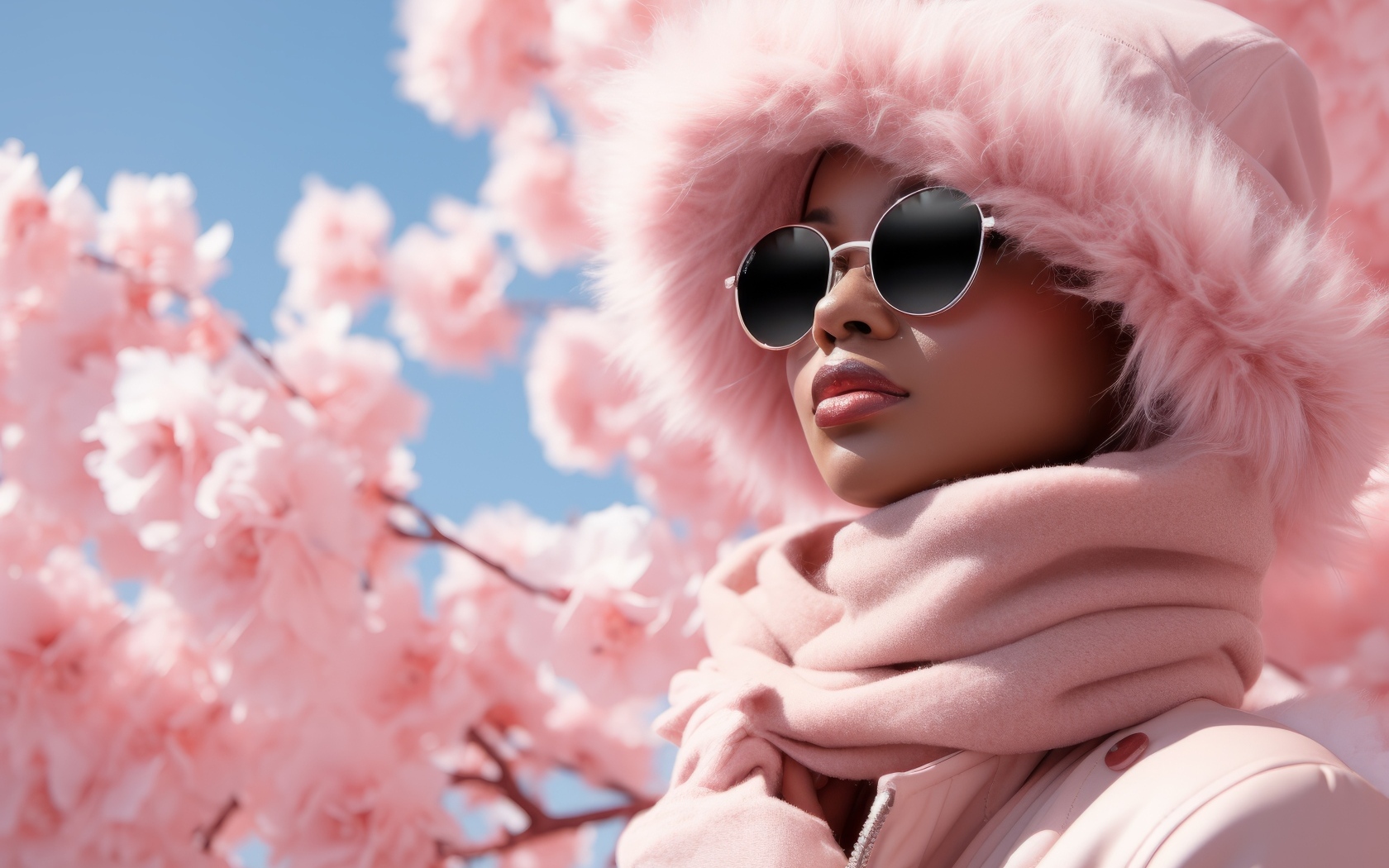 Девушка в розовой куртке и солнечных очках