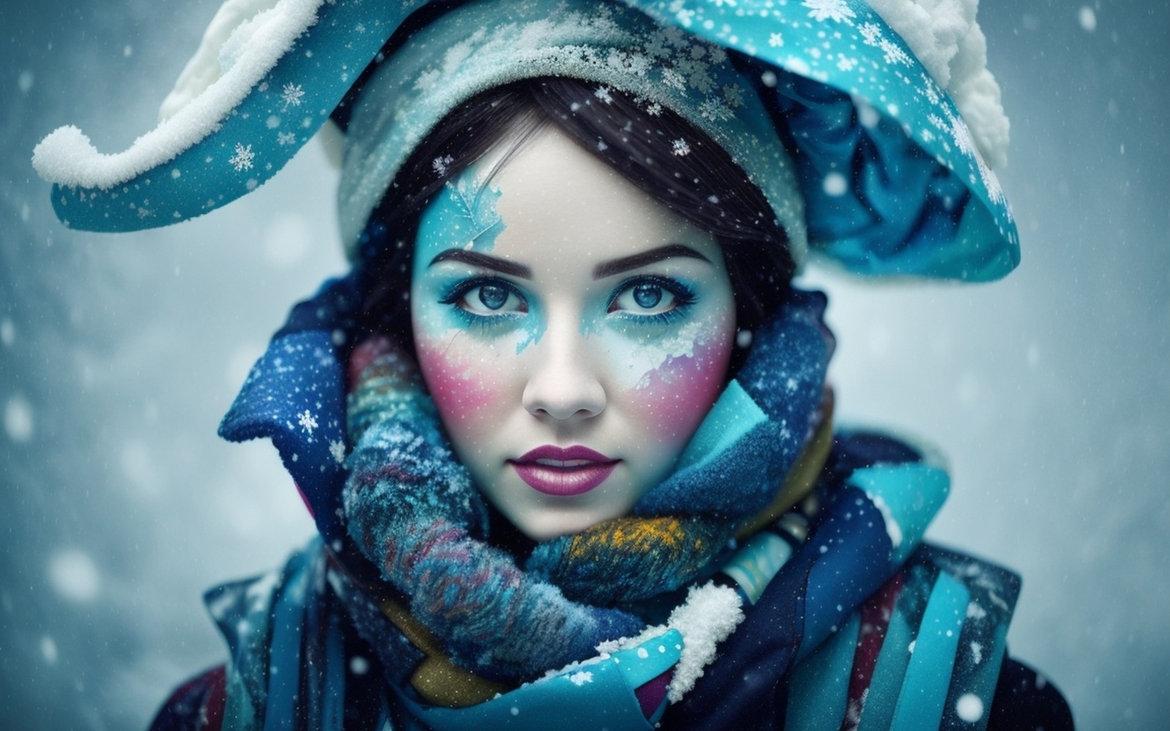 Девушка с краской на лице зимой