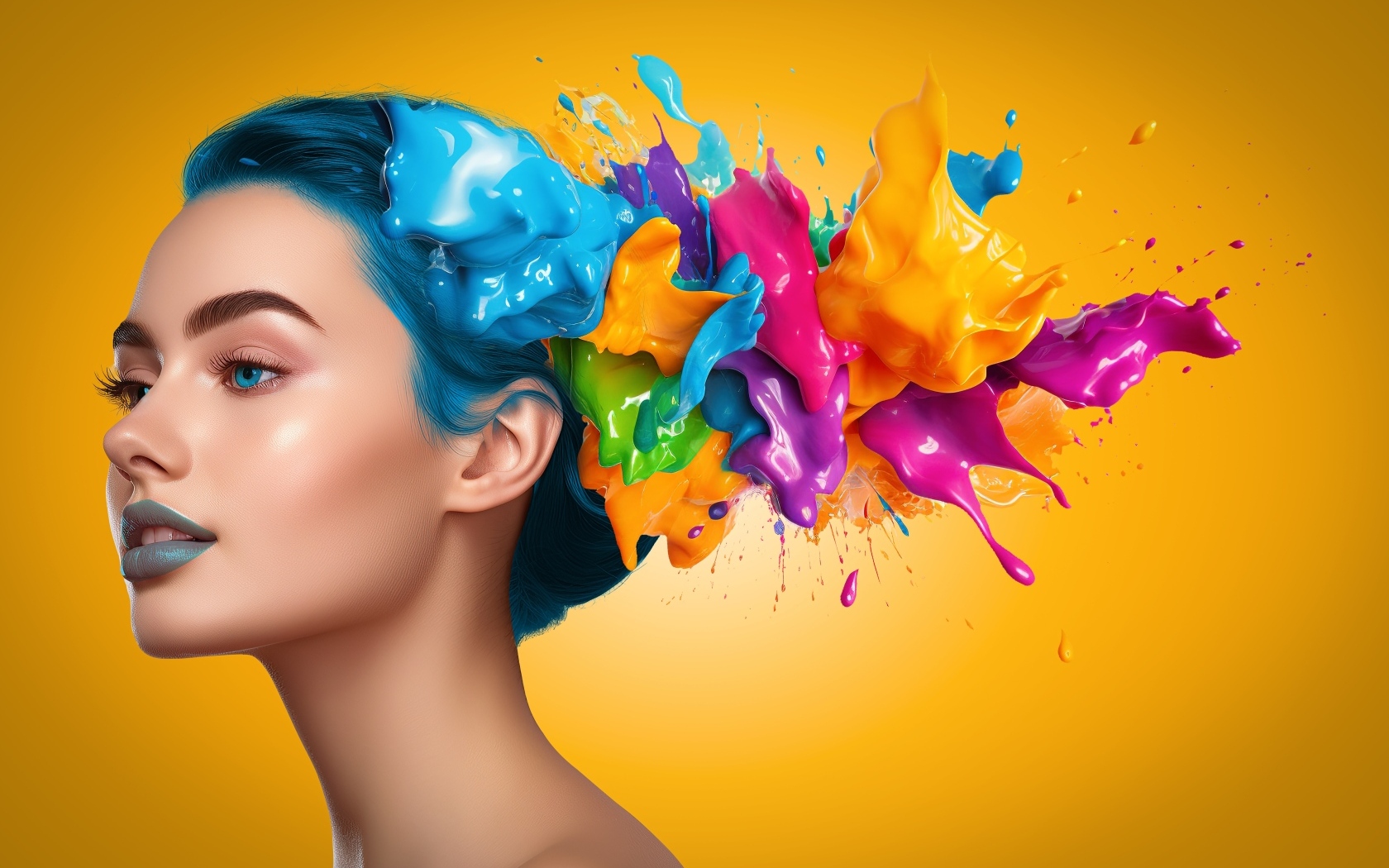 Разноцветная краска на волосах девушки на желтом фоне