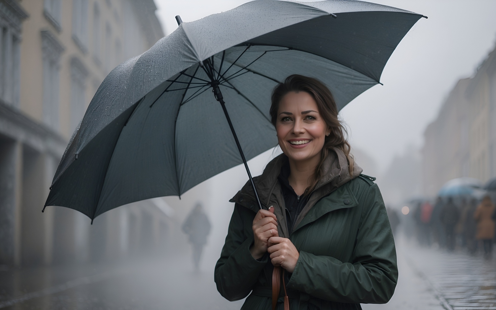 Улыбающаяся девушка под черным зонтом