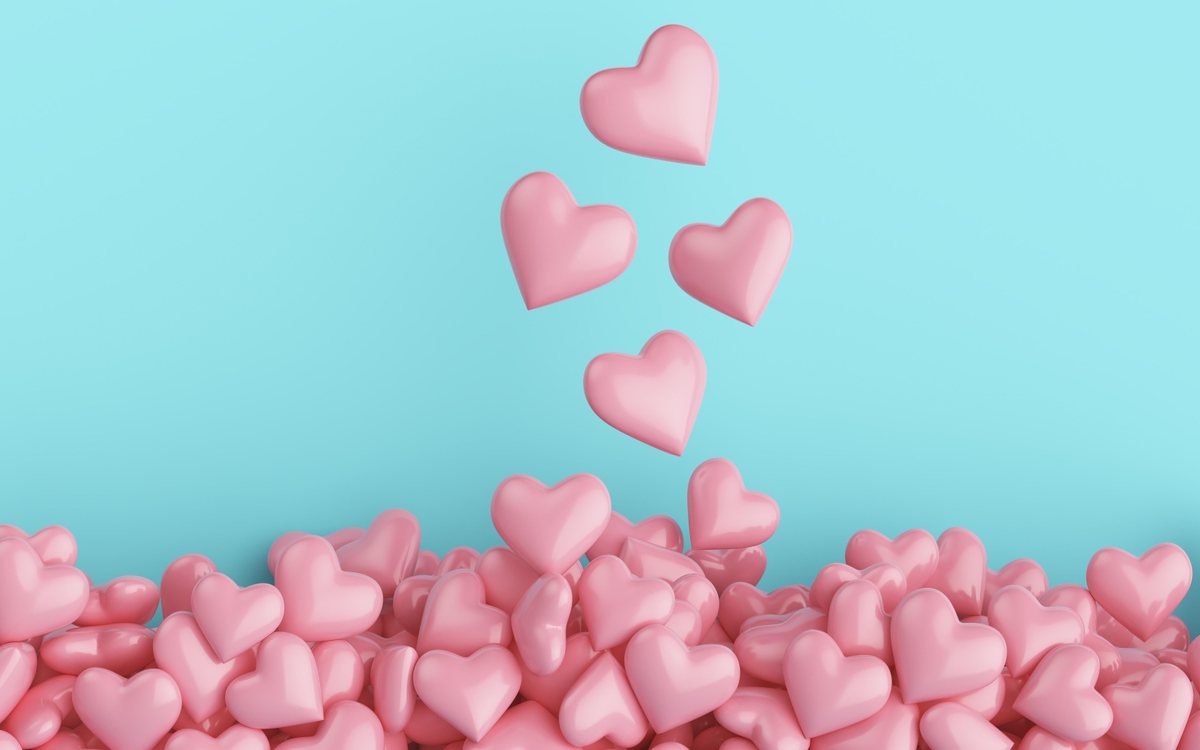 Много розовых сердечек на голубом фоне