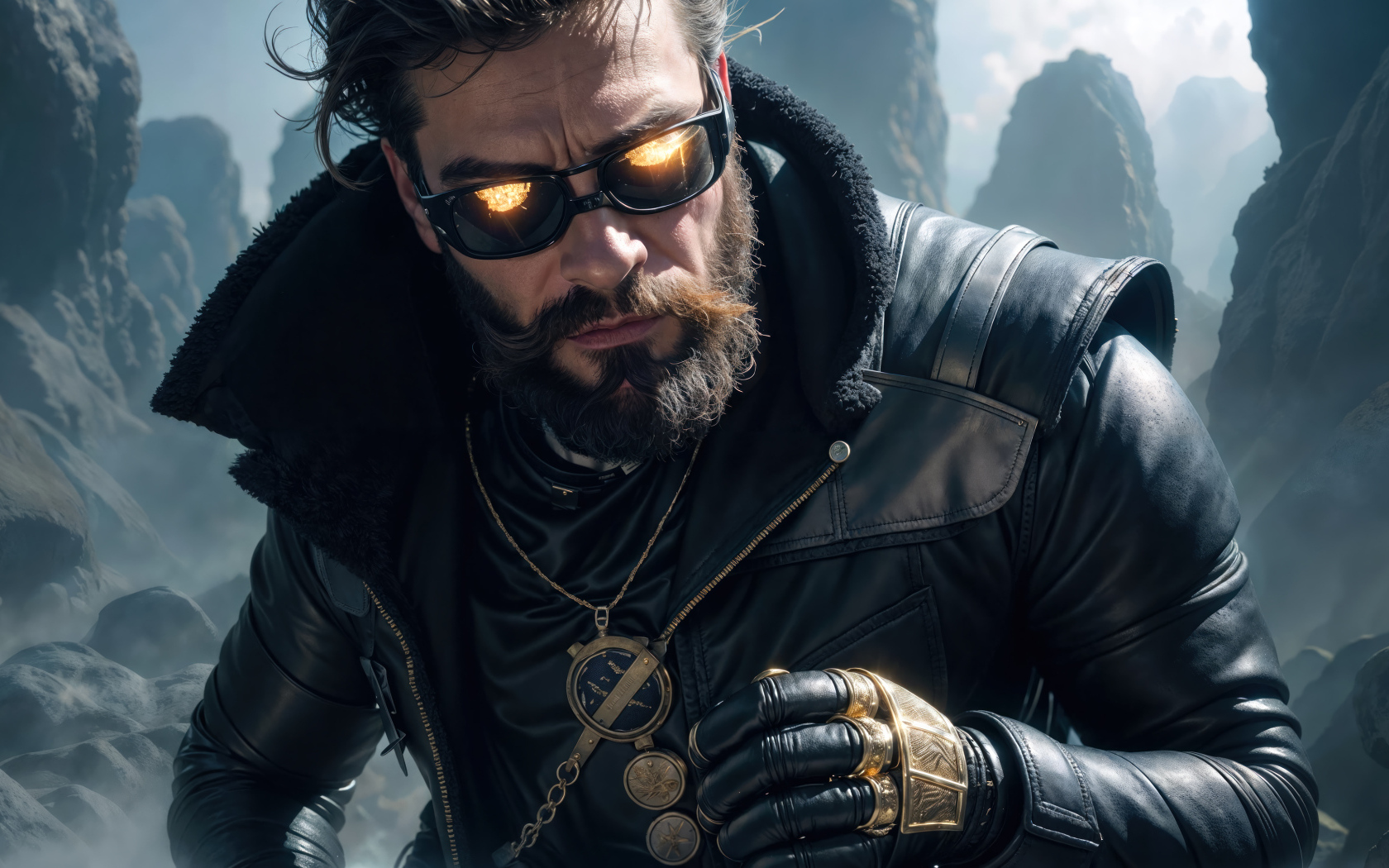 Мужчина в черной кожаной куртке и в очках