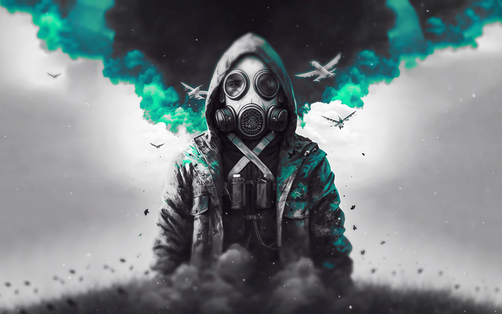 Мужчина в противогазе в дыму