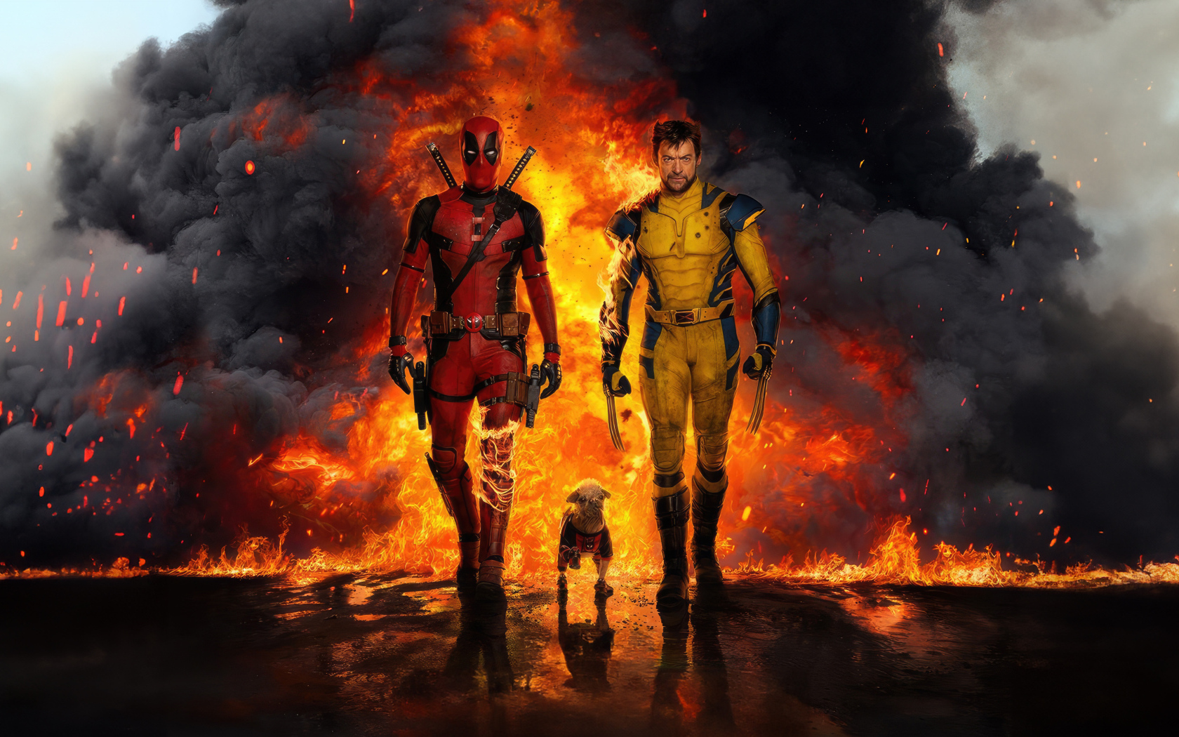 Росомаха, Дэдпул и собака на фоне взрыва