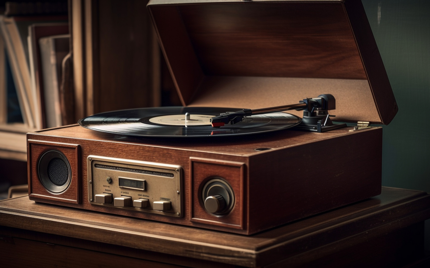 Старый виниловый проигрыватель на столе