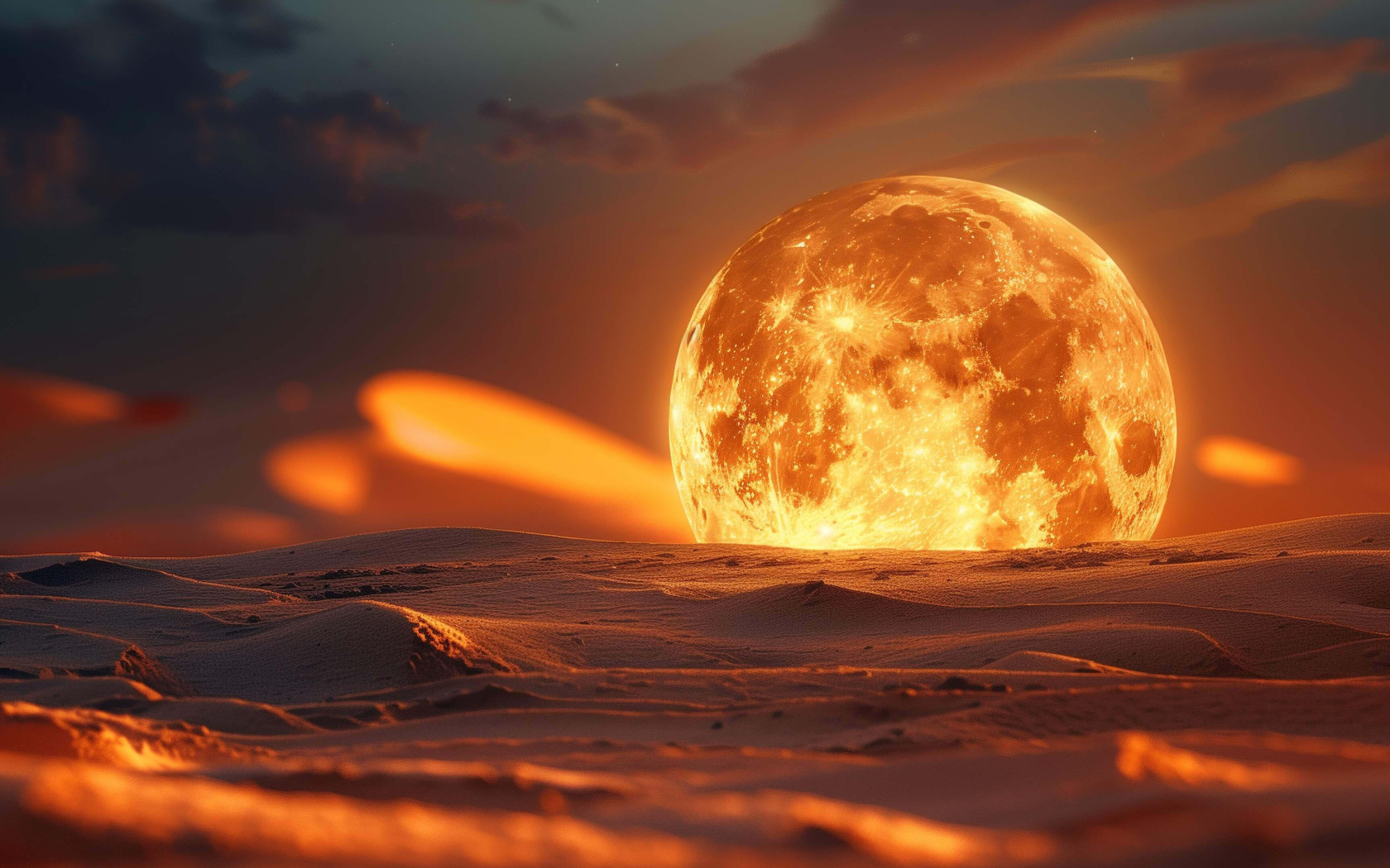 Большая огненная луна на песке