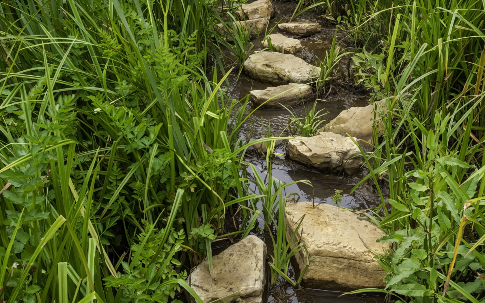 Большие камни в ручье в зеленой траве