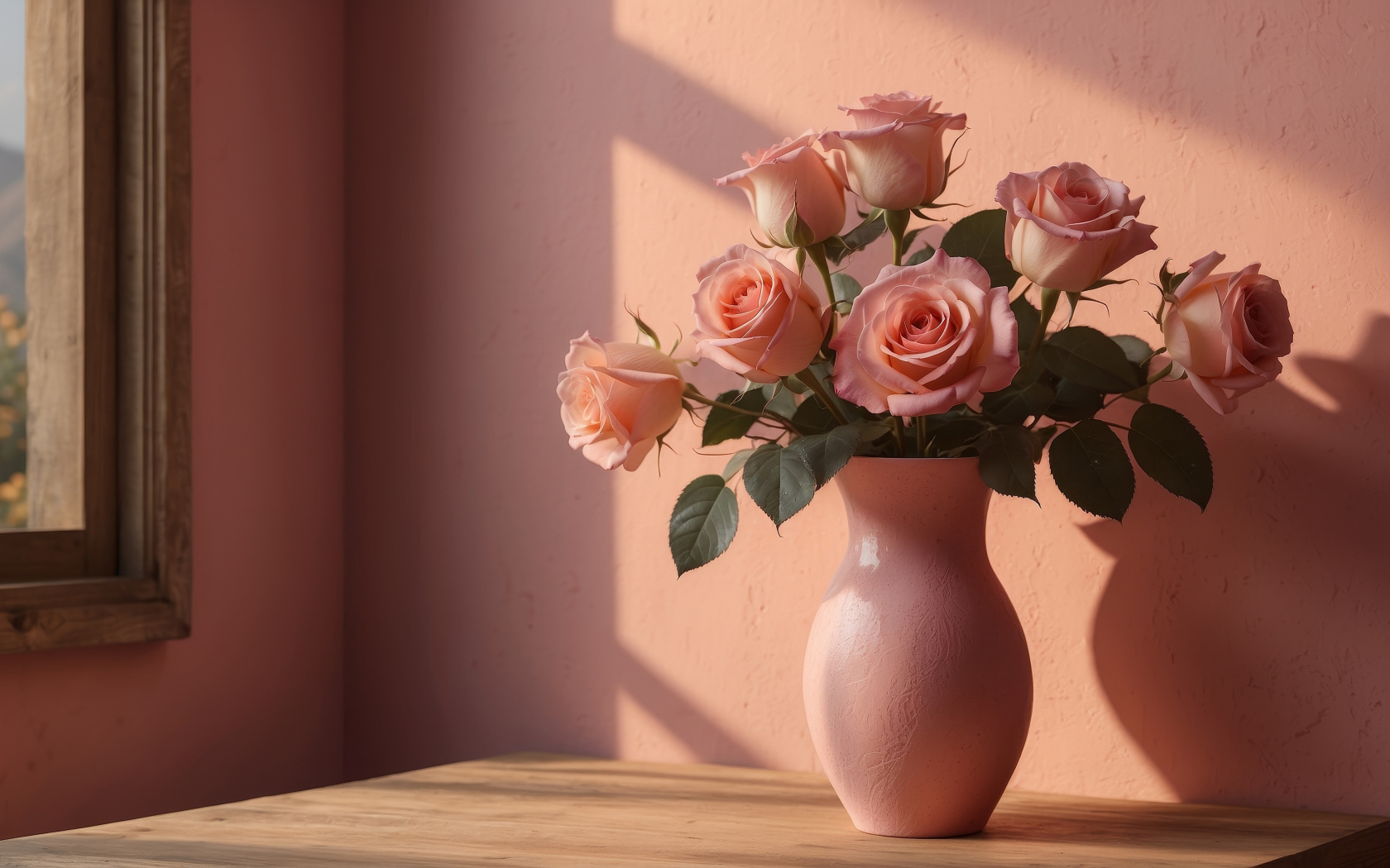 Букет нежных розовых роз в вазе у стены в лучах солнца