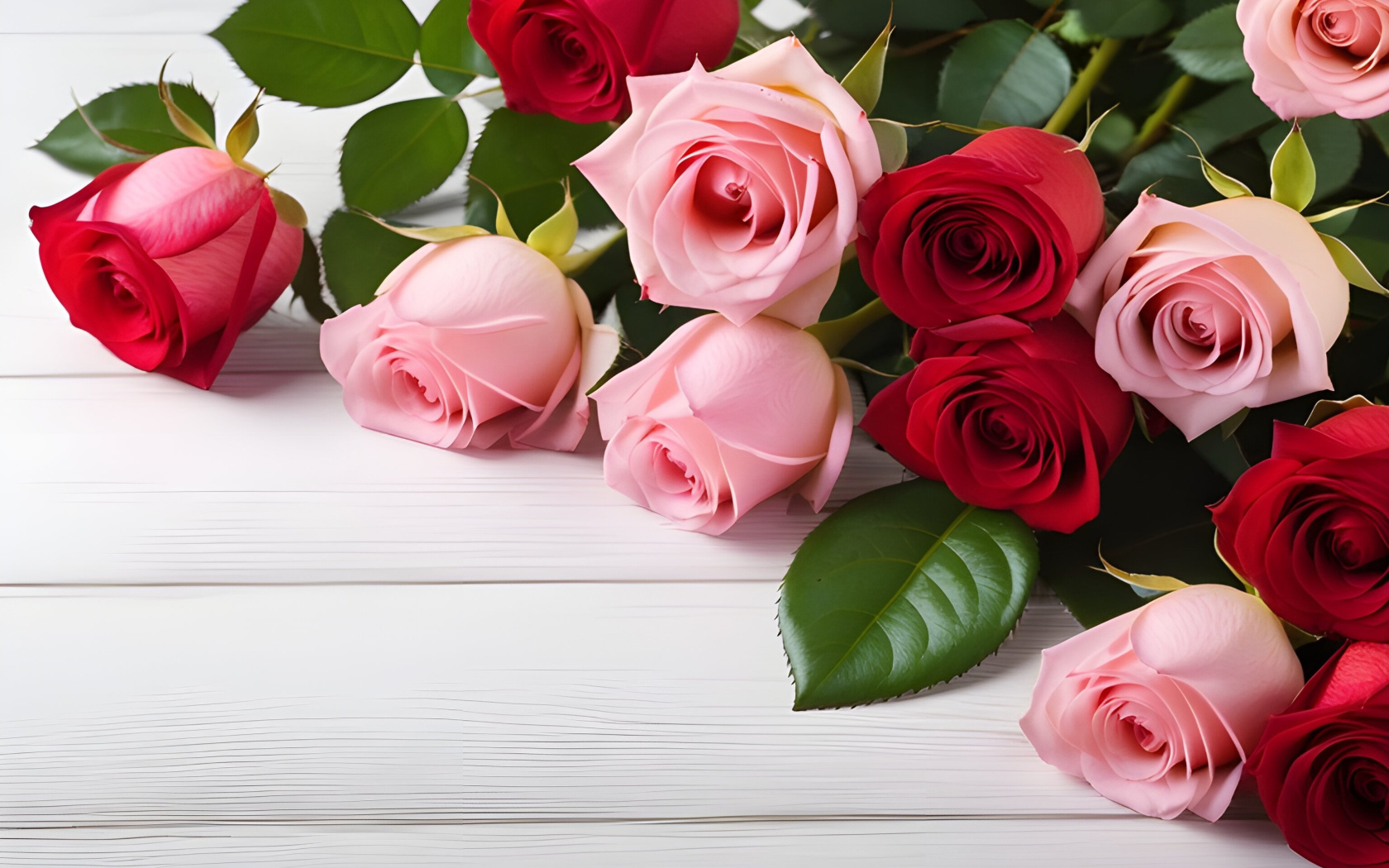 Букет красных и розовых роз на белом столе